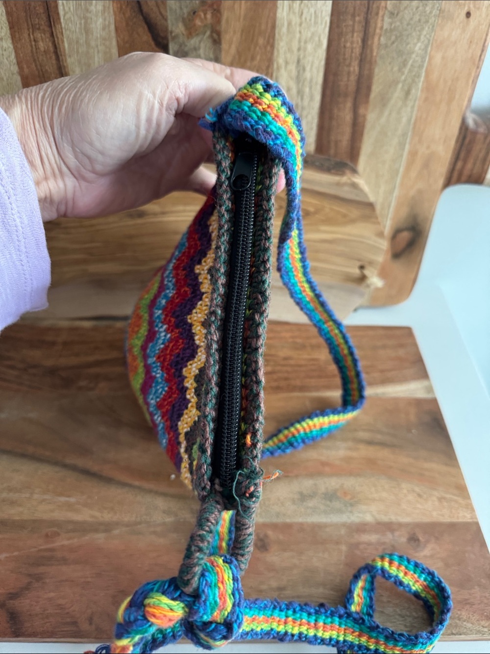 Handcrafted Multicolor Ethnic Artisan Made Zigzag Knit Crossbody Bag - Picture 4 of 5